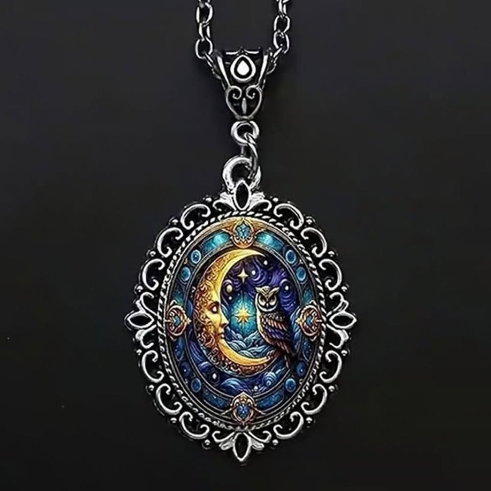 Silver CELESTIAL Sun Moon OWL Pendant Necklace